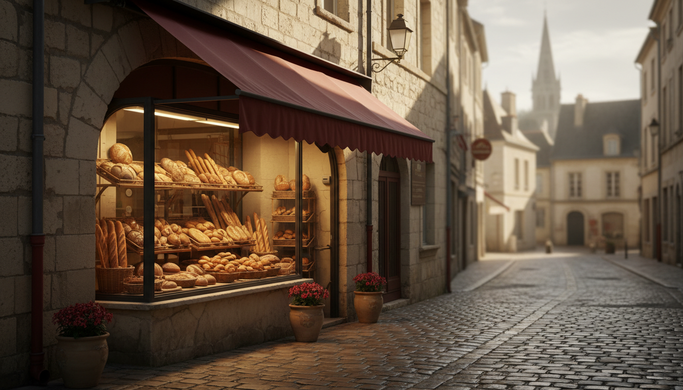 Devanture d’une boulangerie de quartier au petit matin, vitrine éclairée